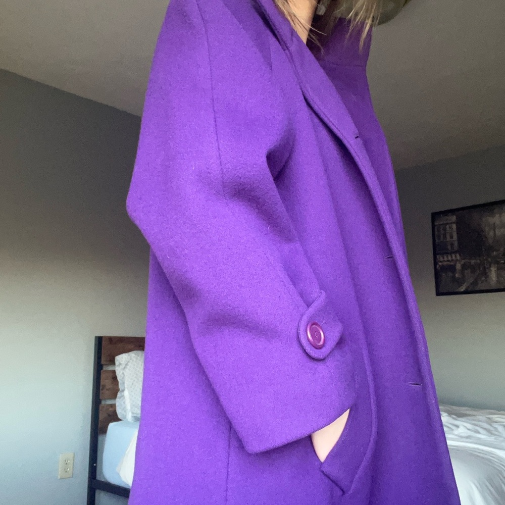 Vintage Perry Ellis Purple Trench Coat with Oversized Fit and Wide Lapels